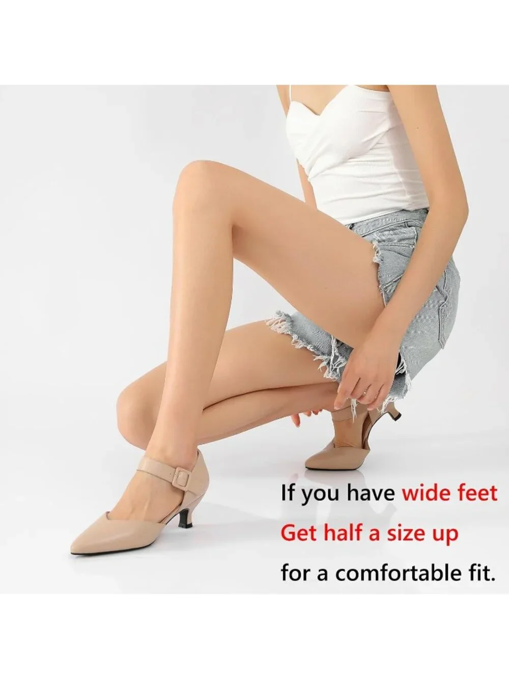 Women's Nude Closed Pointed Toe Ankle Strap Buckle Heels Slip on Low Heel Shoes